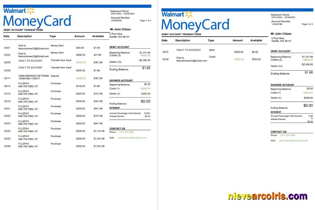 USA Walmart MoneyCard bank statement 3 pages